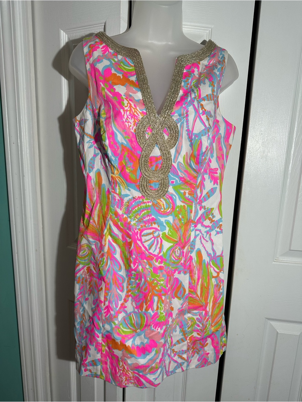 NEW Lilly Pulitzer Janice Shift Dress Mini Scuba To Cuba Gold Trim Sz 8   AA25